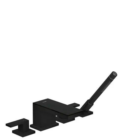 Schwarze 4-Loch Wannenrandarmatur von AXOR mit einem Handbrausekopf und zwei Steuergriffen, modern und funktional gestaltet, aus mattschwarzem Material.